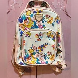 EUC Betsey Johnson small backpack, white/floral, black/pink interior logo tags